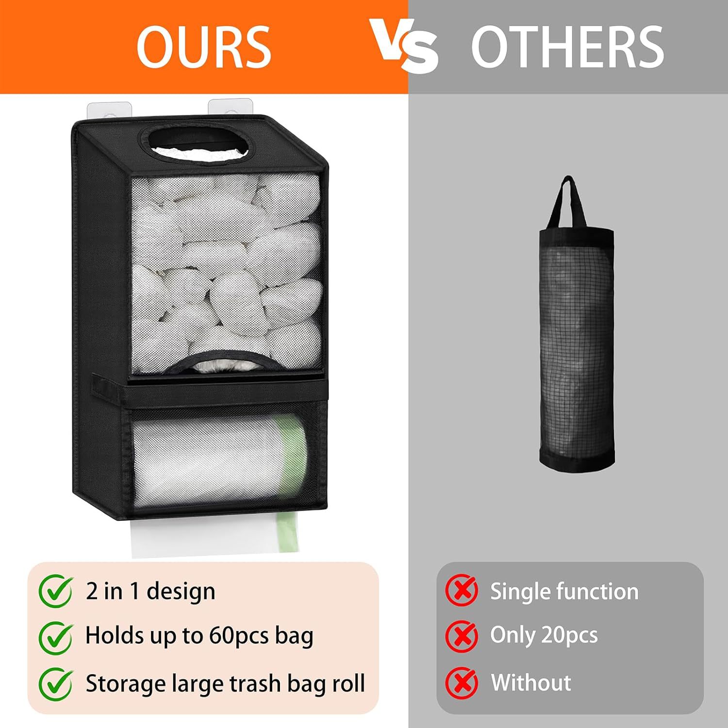 2-in-1 Black Kitchen Plastic Bag & Trash Bag Roll Dispenser(2 Pack) - Hanging Grocery & Produce Bag Organizer (17.5x9.9x5.8 inch) - Image 4