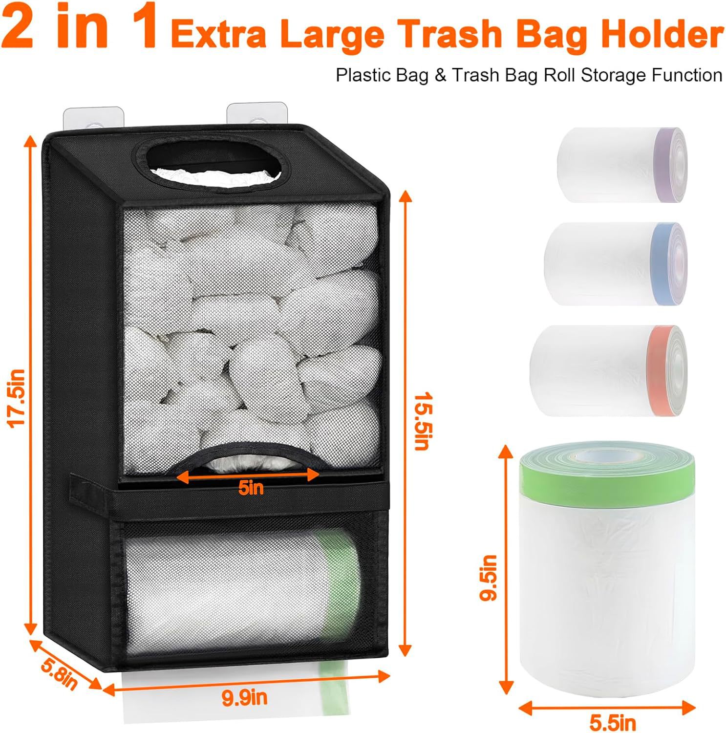 2-in-1 Grey Kitchen Plastic Bag & Trash Bag Roll Dispenser(2 Pack) - Hanging Grocery & Produce Bag Organizer (17.5x9.9x5.8 inch) - Image 2