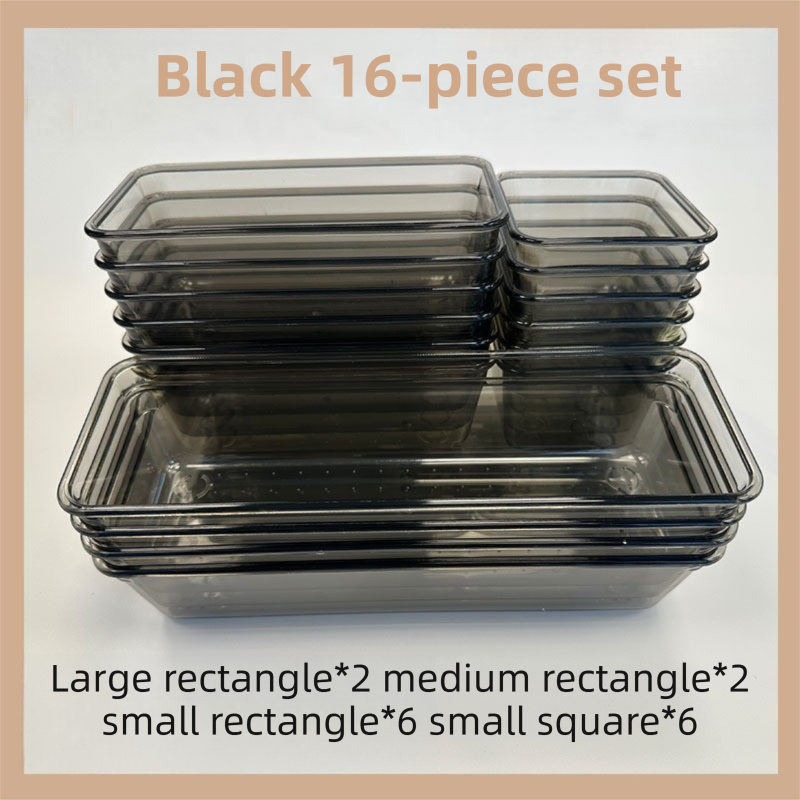 16PCS Black Transparent Stackable Organizer Set - 4-Size Versatile Desktop & Drawer Divider - Image 1