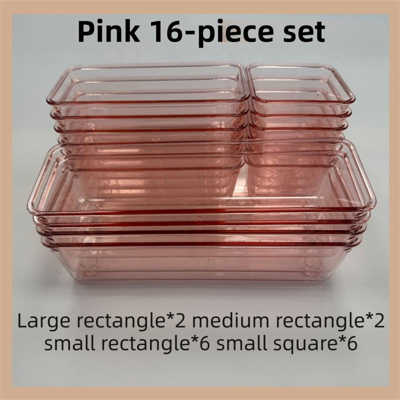 16PCS Pink Transparent Stackable Organizer Set - 4-Size Versatile Desktop & Drawer Divider - Image 1