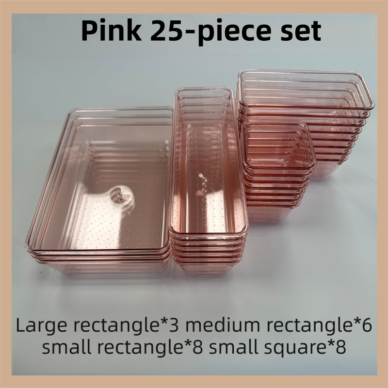 25PCS Pink Transparent Stackable Organizer Set - 4-Size Versatile Desktop & Drawer Divider - Image 1