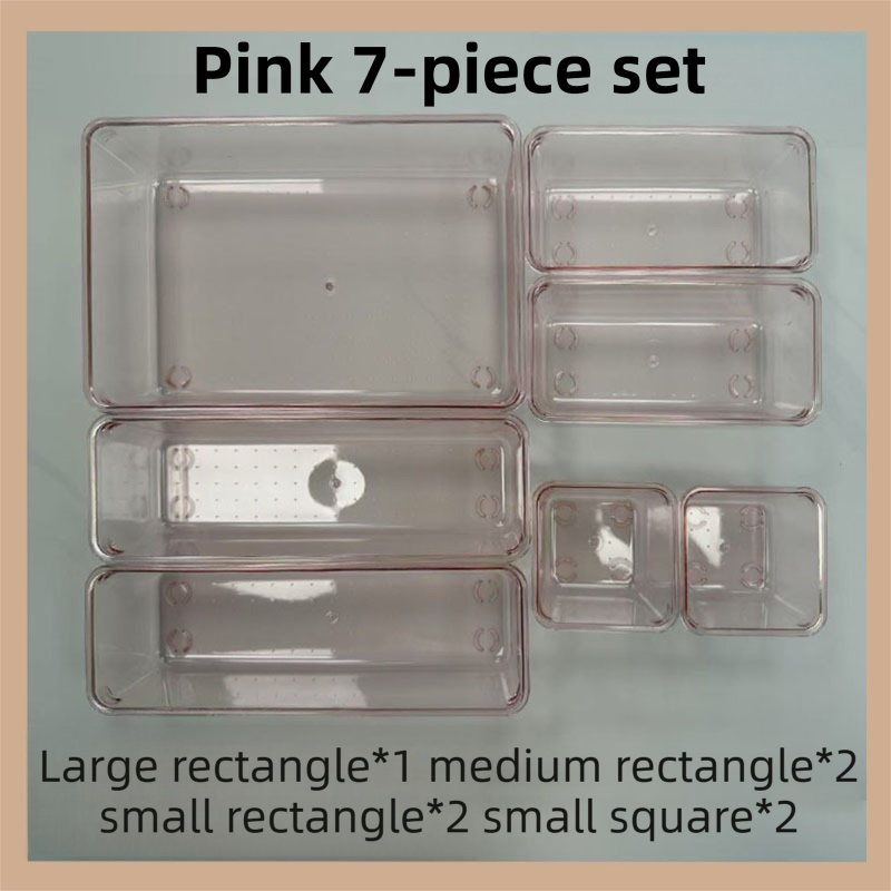7PCS Pink Transparent Stackable Organizer Set - 4-Size Versatile Desktop & Drawer Divider - Image 1