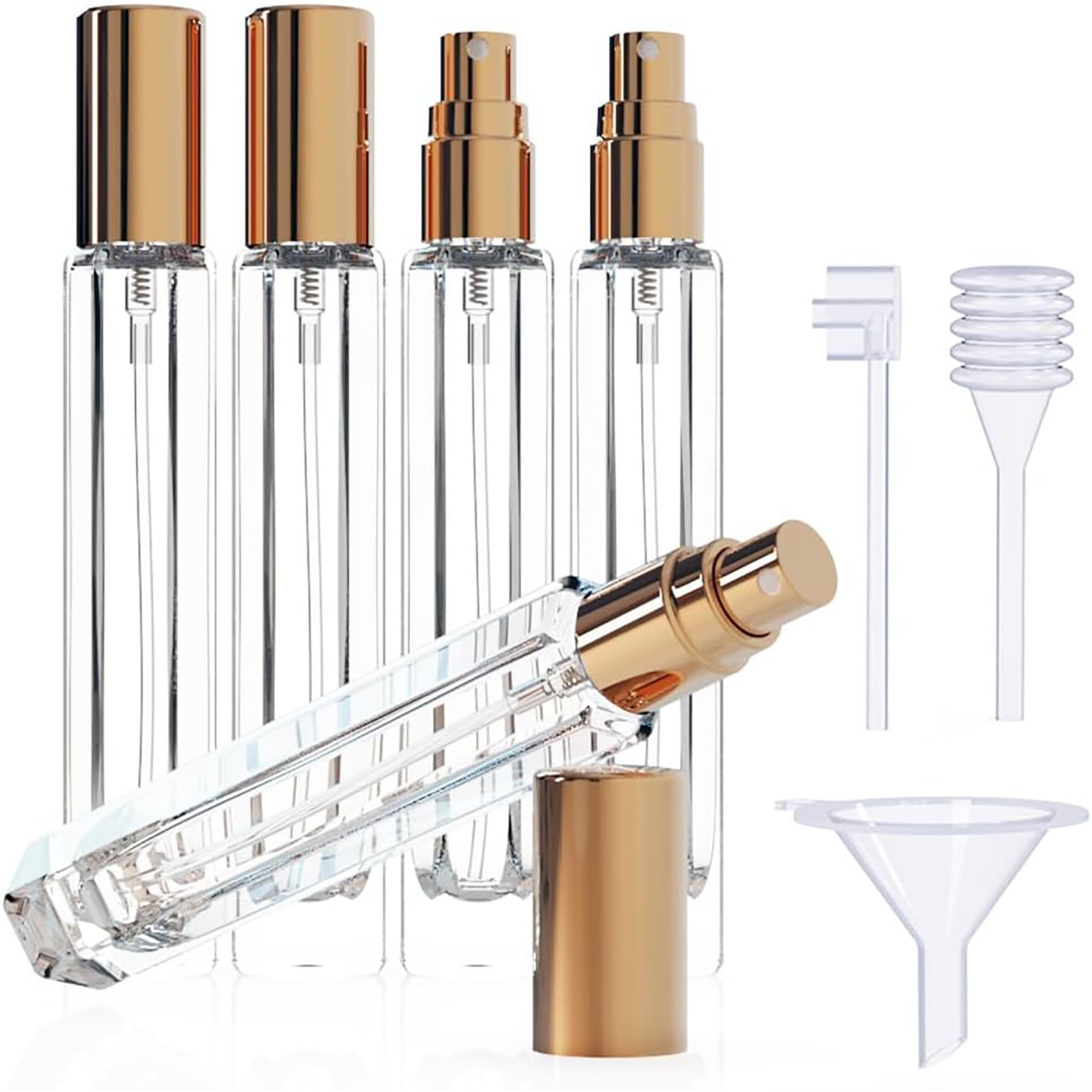 5-Piece Gold Premium Glass Travel Perfume Atomizer Set - 10ml Portable Refillable Sprayers with Transfer Tools - Image 1
