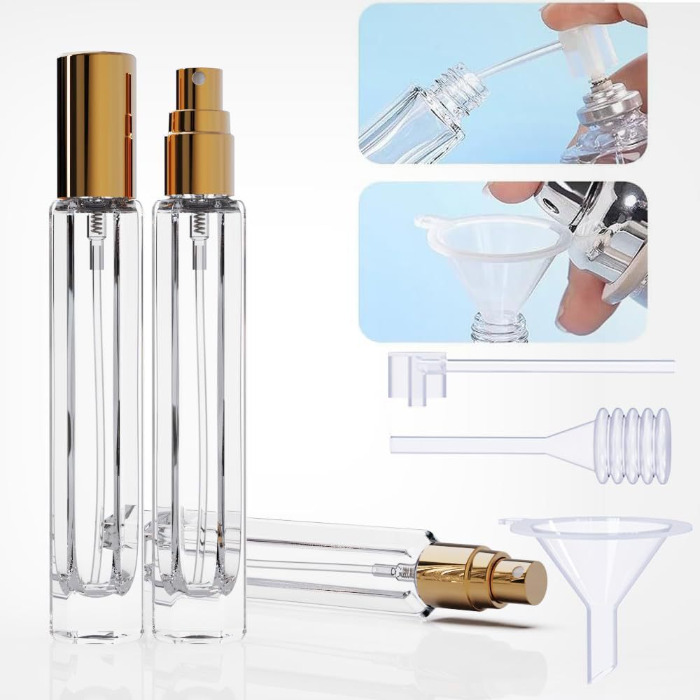 5-Piece Gold Premium Glass Travel Perfume Atomizer Set - 10ml Portable Refillable Sprayers with Transfer Tools - Image 3
