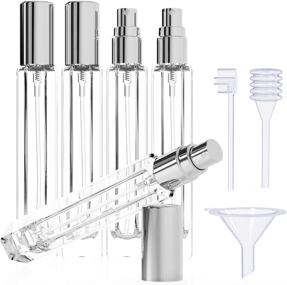 5-Piece Sliver Premium Glass Travel Perfume Atomizer Set - 10ml Portable Refillable Sprayers with Transfer Tools - Image 1