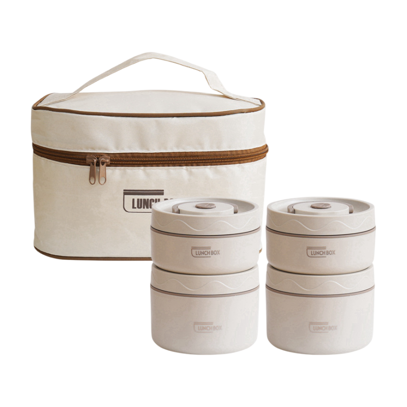4-Pack Beige 304 Stainless Steel Microwave-Safe Lunch Box Set - Stackable Insulated Bento Containers for Office & School - Image 1