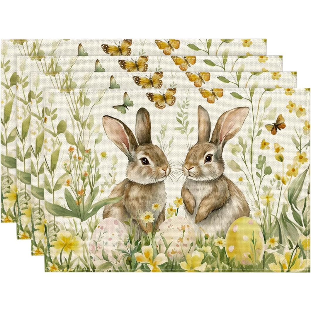 4-Pack Happy Easter Bunny & Egg Placemats - Festive Holiday Table Mats - Stain-Resistant Kitchen Decor for Spring Parties - Image 1