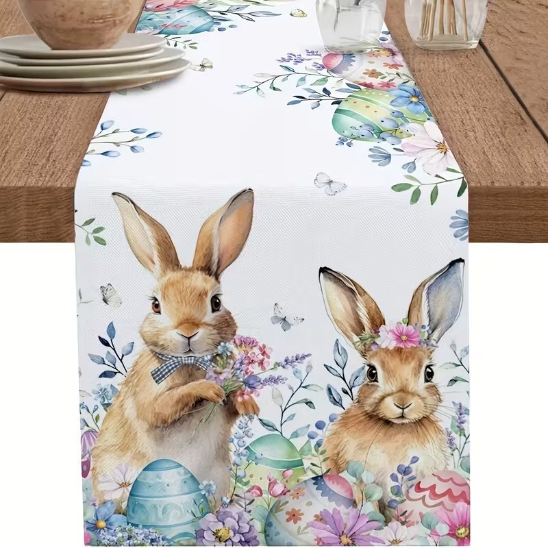 33 x 183 CM Festive Easter Linen Table Runner - Cartoon Bunny Table Runner & Stain-Resistant Primitive Home Decor (Style-1) - Image 1