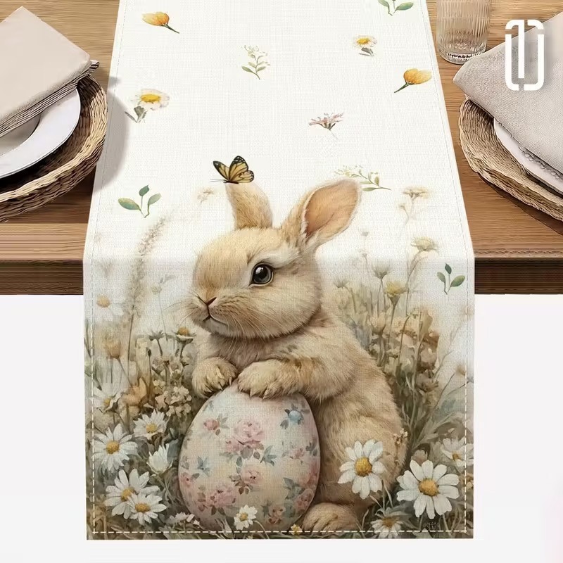 33 x 183 CM Festive Easter Linen Table Runner - Cartoon Bunny Table Runner & Stain-Resistant Primitive Home Decor (Style-2) - Image 1