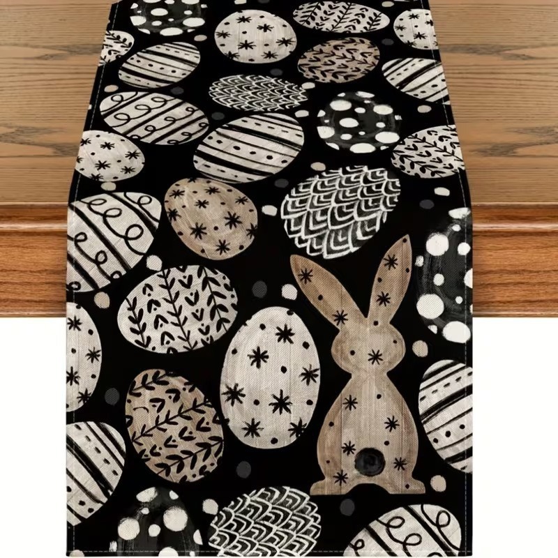 33 x 183 CM Festive Easter Linen Table Runner - Cartoon Bunny Table Runner & Stain-Resistant Primitive Home Decor (Style-3) - Image 1