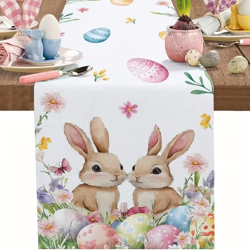 33 x 183 CM Festive Easter Linen Table Runner - Cartoon Bunny Table Runner & Stain-Resistant Primitive Home Decor (Style-4) - Image 1