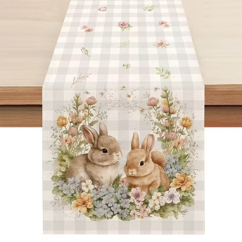 33 x 183 CM Festive Easter Linen Table Runner - Cartoon Bunny Table Runner & Stain-Resistant Primitive Home Decor (Style-5) - Image 1