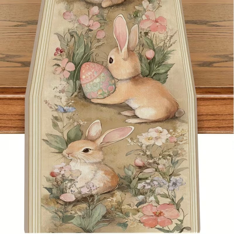 33 x 183 CM Festive Easter Linen Table Runner - Cartoon Bunny Table Runner & Stain-Resistant Primitive Home Decor (Style-6) - Image 1