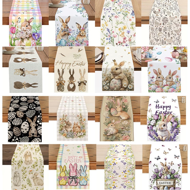 33 x 183 CM Festive Easter Linen Table Runner - Cartoon Bunny Table Runner & Stain-Resistant Primitive Home Decor (Style-6) - Image 2