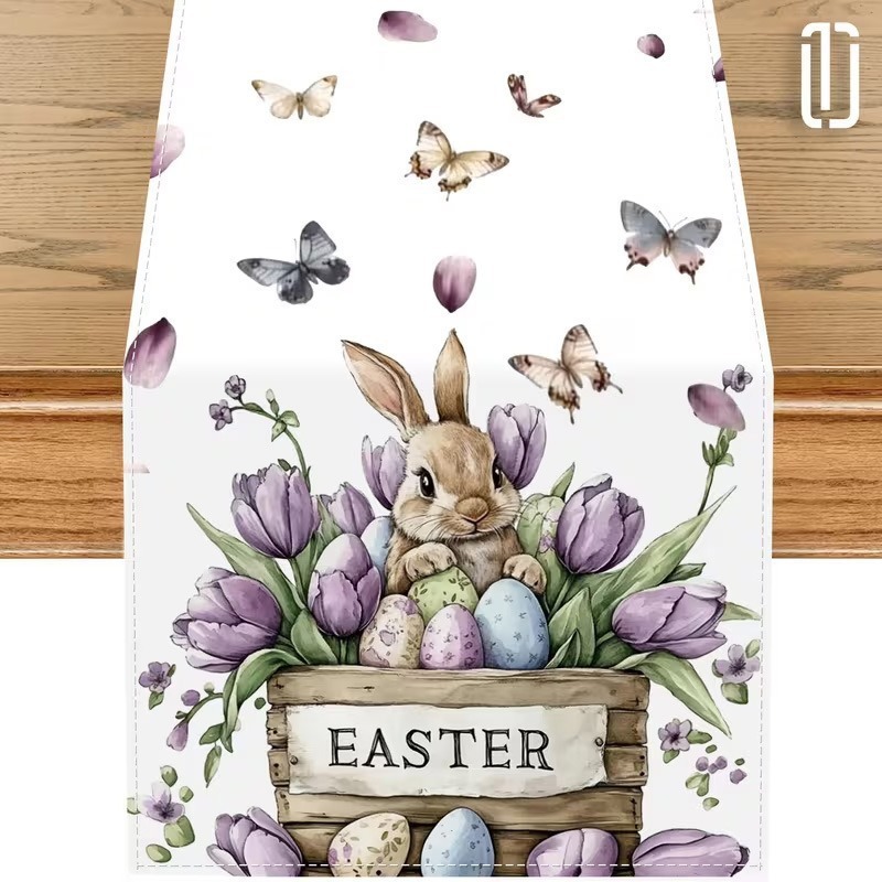 33 x 183 CM Festive Easter Linen Table Runner - Cartoon Bunny Table Runner & Stain-Resistant Primitive Home Decor (Style-7) - Image 1