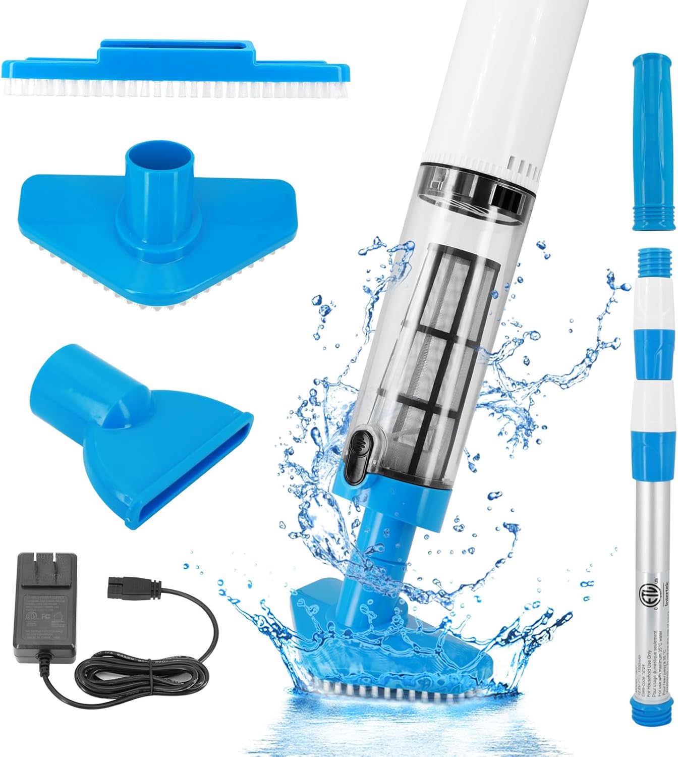 Blue and White Cordless Underwater Pool Vacuum with 3 Cleaning Heads & 164cm Extended Reach - Rechargeable Handheld Spa & Pond Cleaner - Image 1