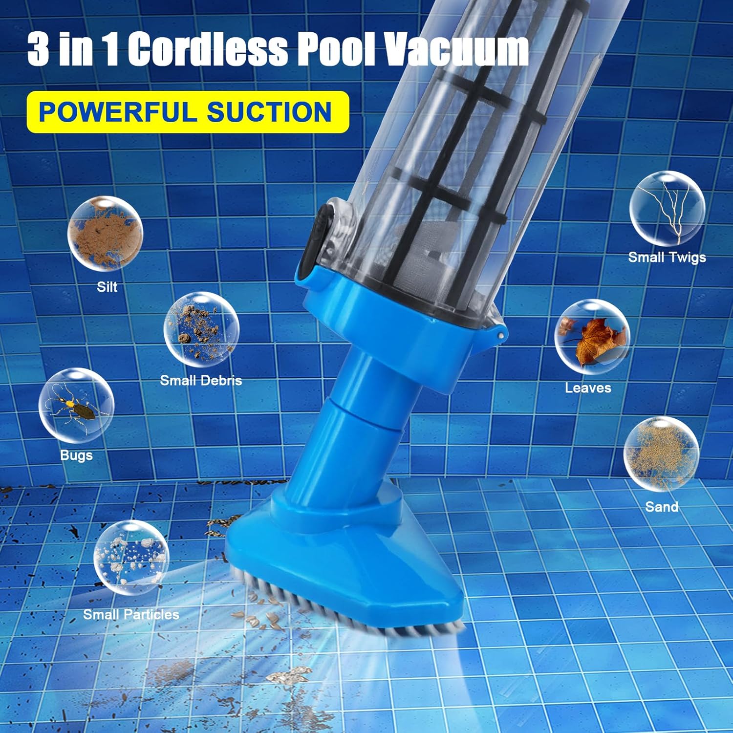 Blue and White Cordless Underwater Pool Vacuum with 3 Cleaning Heads & 164cm Extended Reach - Rechargeable Handheld Spa & Pond Cleaner - Image 2