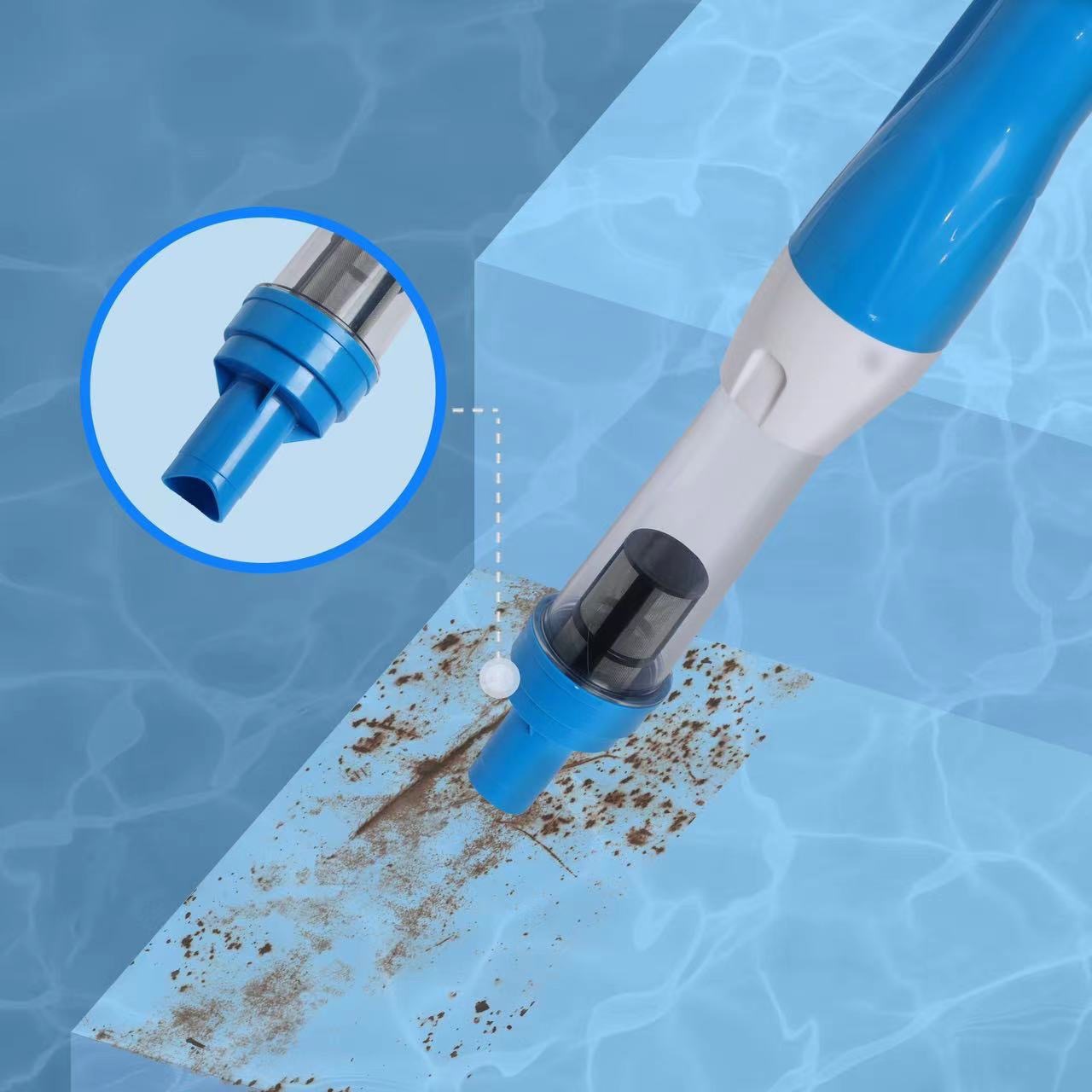 Blue and White Cordless Underwater Pool Vacuum with 3 Cleaning Heads & 164cm Extended Reach - Rechargeable Handheld Spa & Pond Cleaner - Image 3