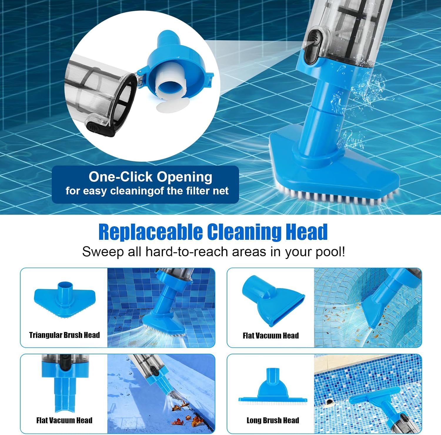 Blue and White Cordless Underwater Pool Vacuum with 3 Cleaning Heads & 164cm Extended Reach - Rechargeable Handheld Spa & Pond Cleaner - Image 4