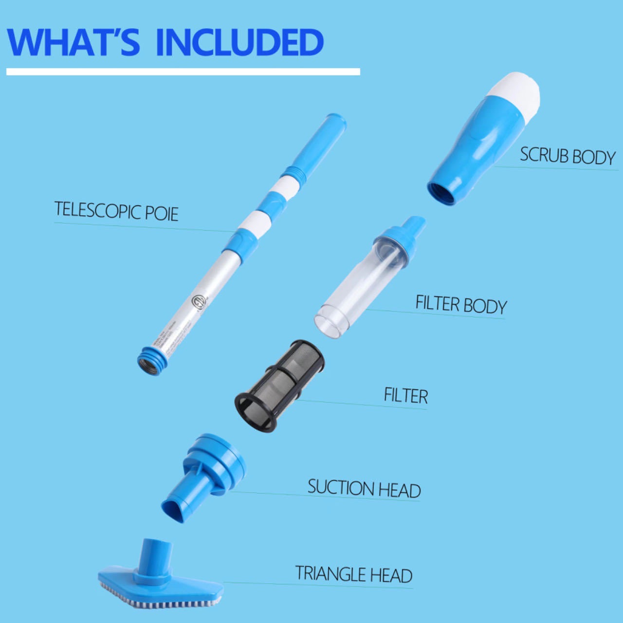 Blue and White Cordless Underwater Pool Vacuum with 3 Cleaning Heads & 164cm Extended Reach - Rechargeable Handheld Spa & Pond Cleaner - Image 5