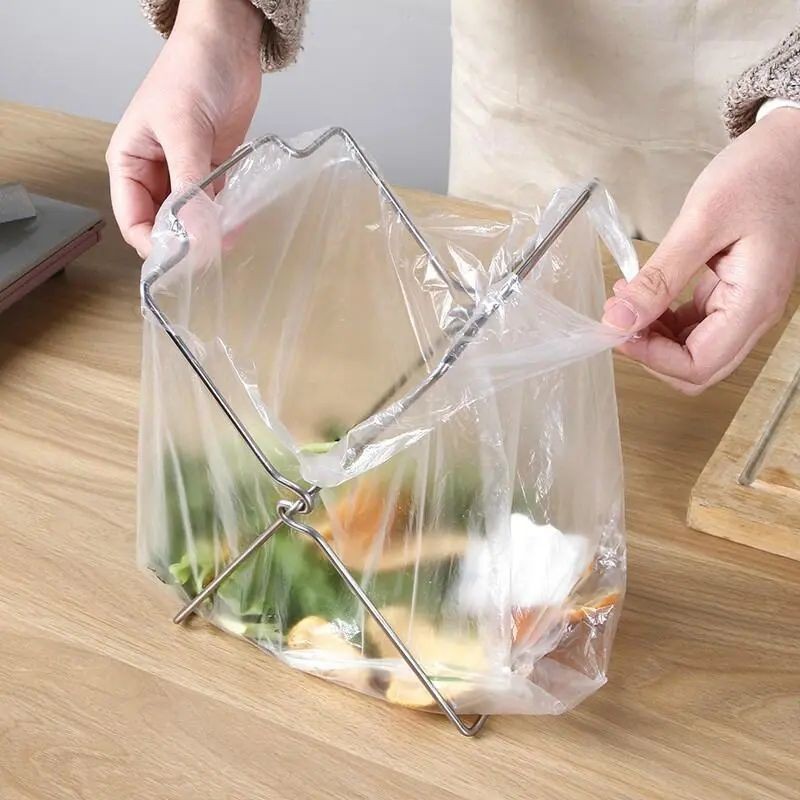 2-Pack Foldable Stainless Steel Trash Bag Holder (17 x 21 CM) - Multi-Functional Kitchen Countertop Organizer for Plastic Bag & Dishcloth - Image 2