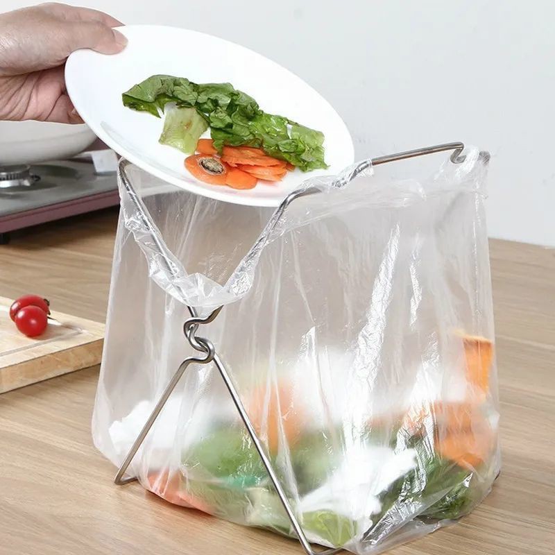 2-Pack Foldable Stainless Steel Trash Bag Holder (21 x 26 CM) - Multi-Functional Kitchen Countertop Organizer for Plastic Bag & Dishcloth - Image 1