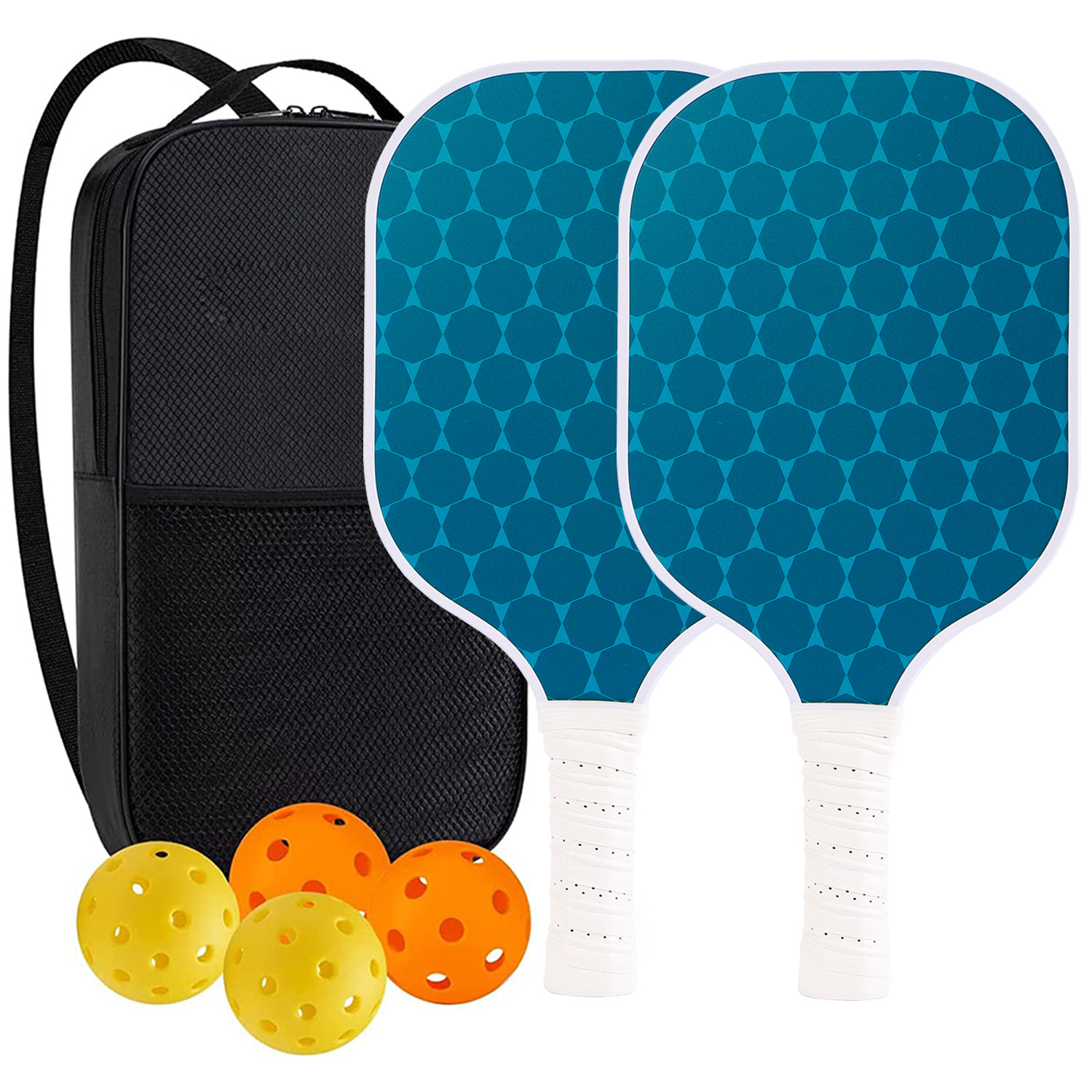 Blue Dots Professional Fiberglass Pickleball Paddle Set with Carry Bag & 2 Paddles & 4 Balls - Image 1