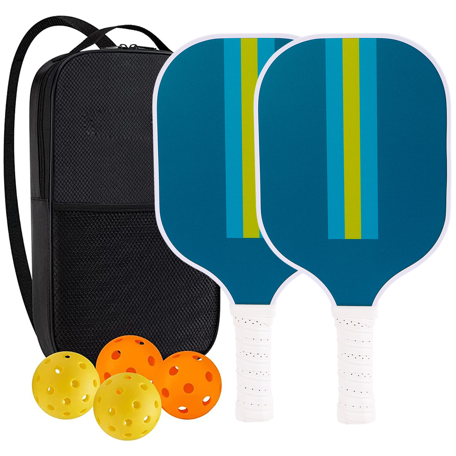Blue Stripe Professional Fiberglass Pickleball Paddle Set with Carry Bag & 2 Paddles & 4 Balls - Image 1