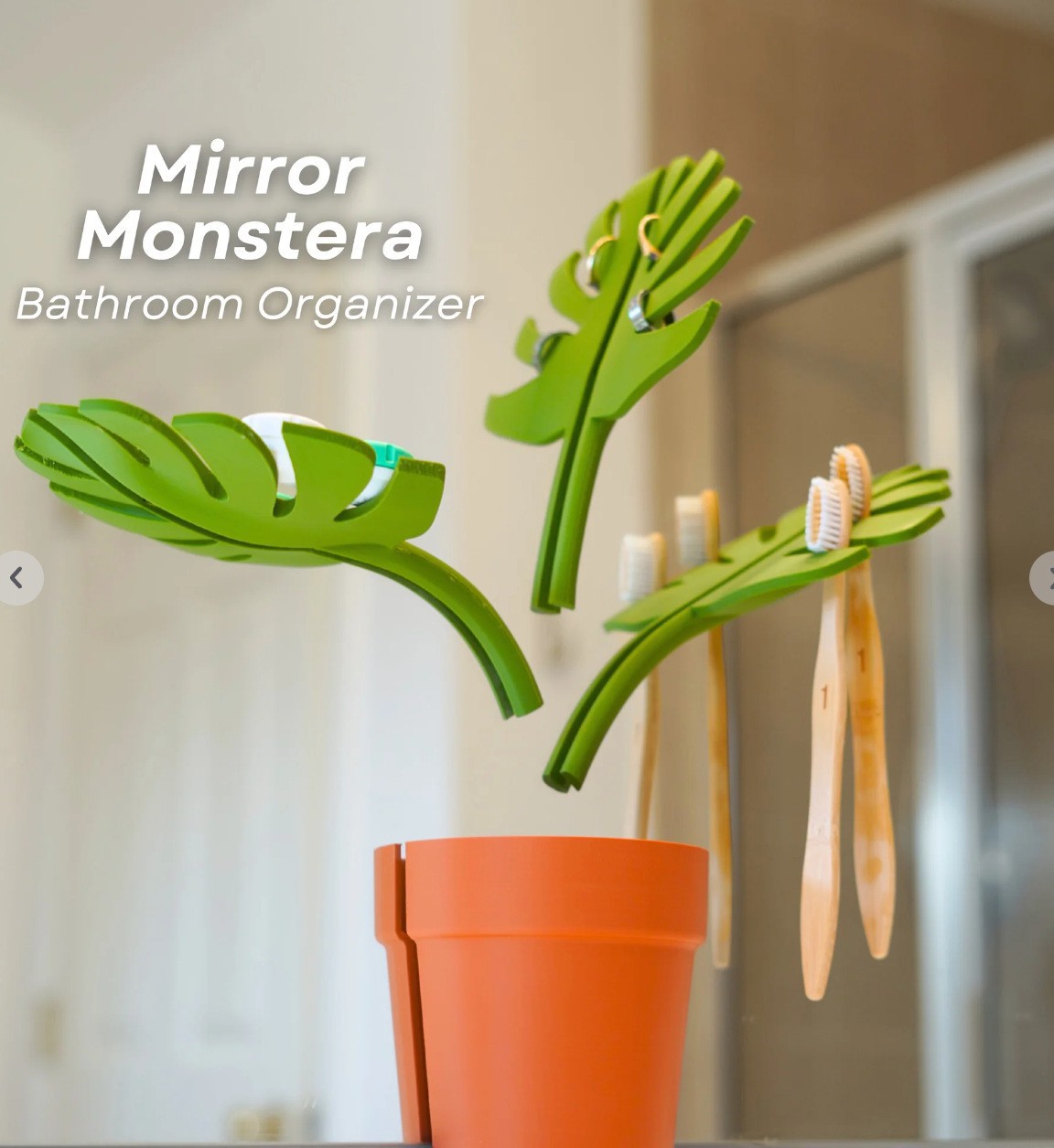 2 Set Mirror-Mount Half-Leaf Monstera Bathroom Organizer (Vase + 3 Leaves) - Decorative Home Vanity Set - Image 1