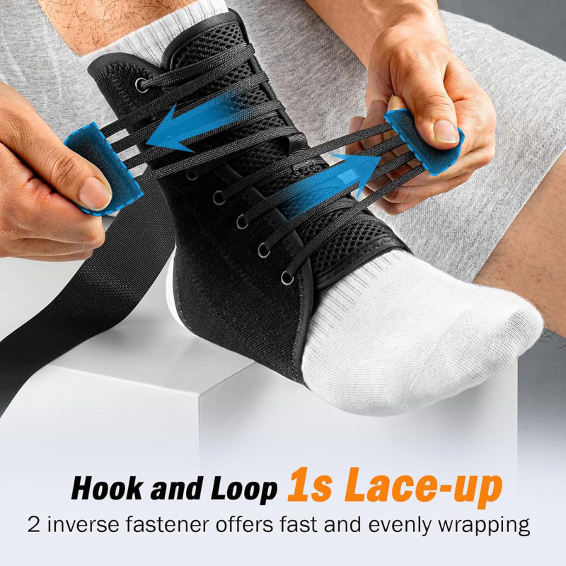 L Size Black Triple-Layer Compression Ankle Brace With Adjustable Lace-Up - Breathable Sprain Prevention Sleeve - Image 2