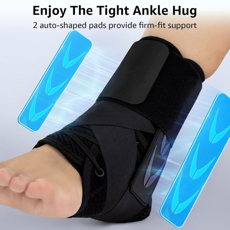 L Size Black Triple-Layer Compression Ankle Brace With Adjustable Lace-Up - Breathable Sprain Prevention Sleeve - Image 3