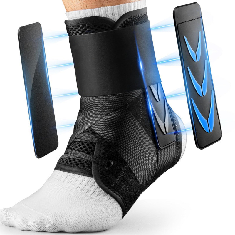 XL Size Black Triple-Layer Compression Ankle Brace With Adjustable Lace-Up - Breathable Sprain Prevention Sleeve - Image 1