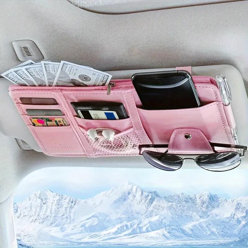 Pink Premium Leather Car Sun Visor Organizer - Secure Zippered Storage Pouch with Card, Document & Eyewear Clip - Image 1