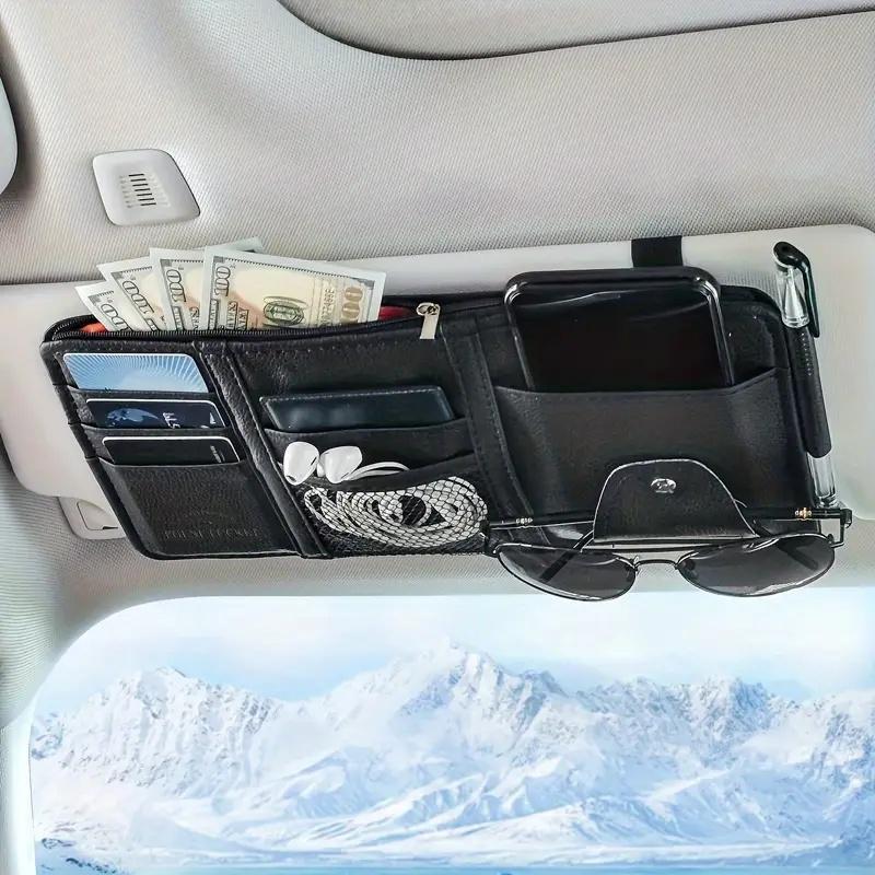 Black Premium Leather Car Sun Visor Organizer - Secure Zippered Storage Pouch with Card, Document & Eyewear Clip - Image 1