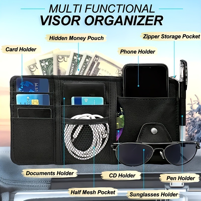 Black Premium Leather Car Sun Visor Organizer - Secure Zippered Storage Pouch with Card, Document & Eyewear Clip - Image 2