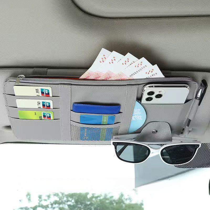 Grey Premium Leather Car Sun Visor Organizer - Secure Zippered Storage Pouch with Card, Document & Eyewear Clip - Image 1
