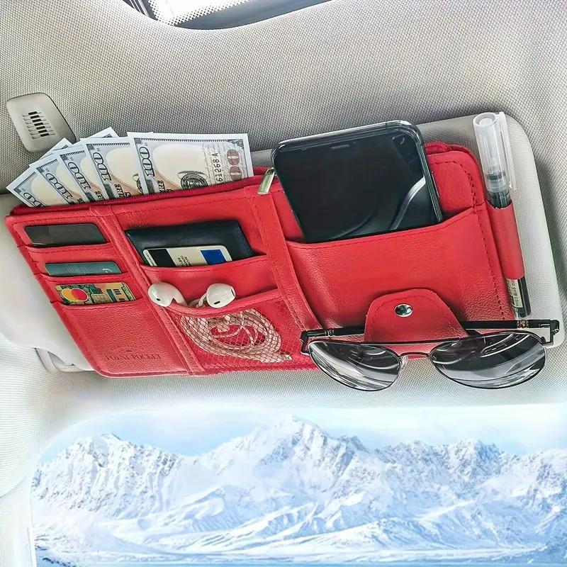 Red Premium Leather Car Sun Visor Organizer - Secure Zippered Storage Pouch with Card, Document & Eyewear Clip - Image 1