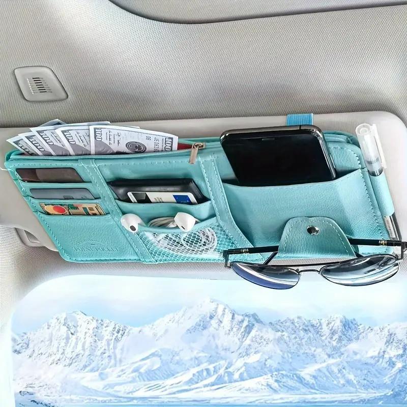 Blue Premium Leather Car Sun Visor Organizer - Secure Zippered Storage Pouch with Card, Document & Eyewear Clip - Image 1