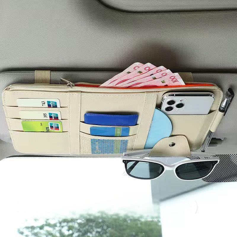 Beige Premium Leather Car Sun Visor Organizer - Secure Zippered Storage Pouch with Card, Document & Eyewear Clip - Image 1
