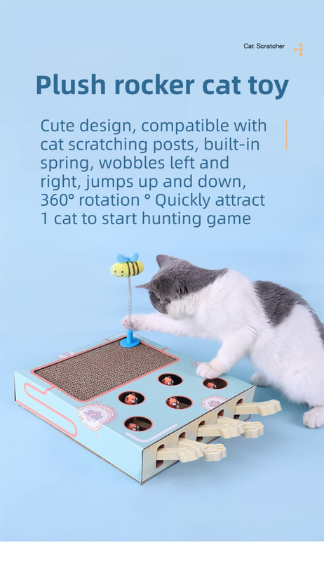 3-in-1 Whack-A-Mole Cat Toy & Scratching Lounge - Spring Swivel Toy, Interactive Puzzle Box and Multi-Functional Cat Scratcher - Image 4
