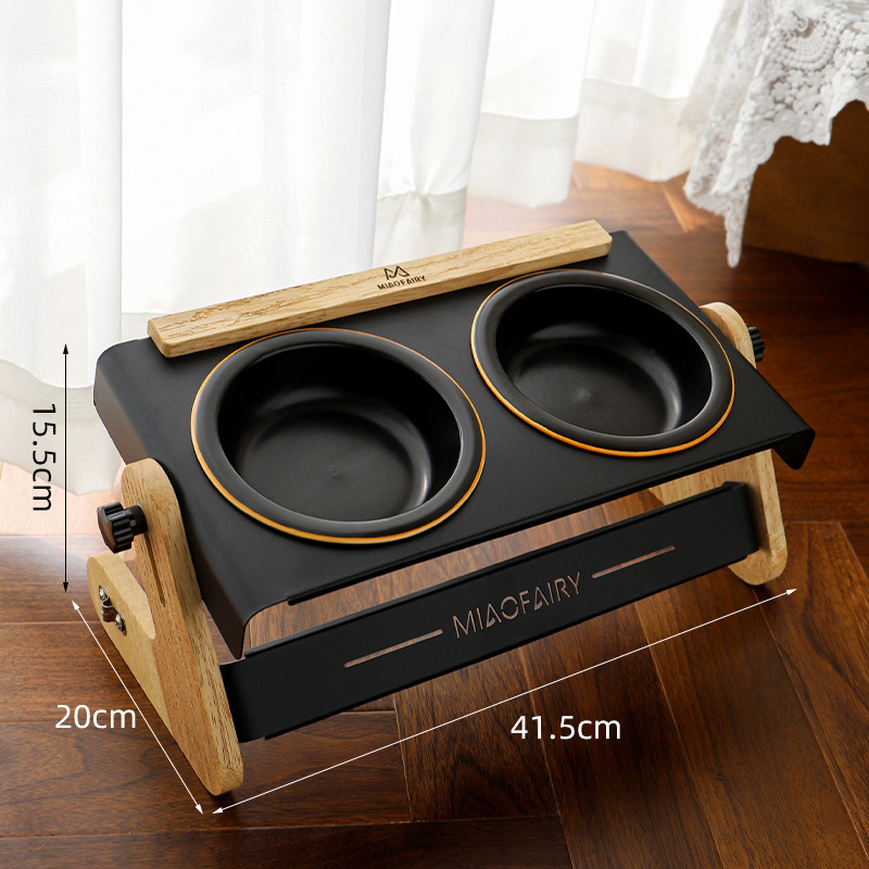 Black Elevated Adjustable (9-14CM) Double Ceramic Bowls Pet Diner - Ergonomic 270° Tilt Controlled Tip-Proof Stable Iron Base - Image 1