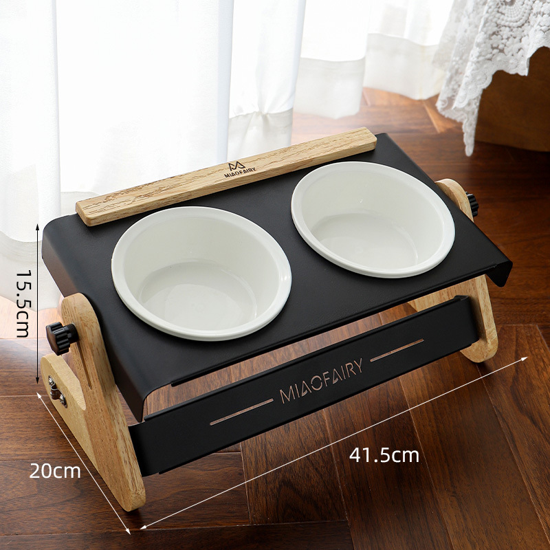 White Elevated Adjustable (9-14CM) Double Ceramic Bowls Pet Diner - Ergonomic 270° Tilt Controlled Tip-Proof Stable Iron Base - Image 1