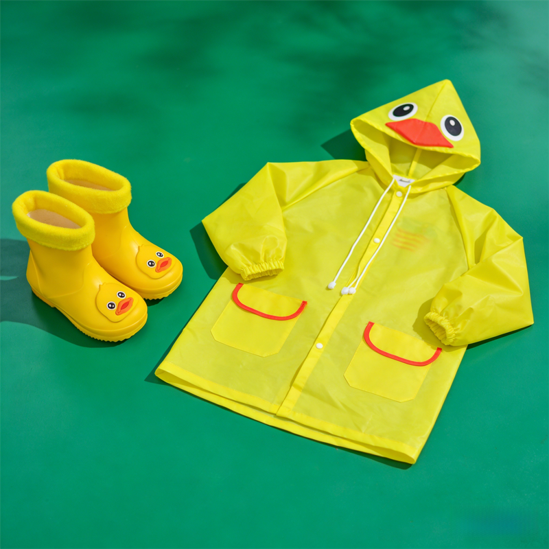 Kids Cartoon Rain Gear Set - Eco-Friendly Odorless Yellow Duck Raincoat & Matching 18cm Duck Rain Boots with Detachable Warm Cotton Liner - Image 1
