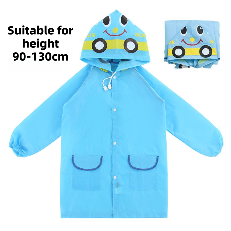 Blue Car Kids Cartoon Animal Raincoat - Waterproof Hooded Rain Poncho for Toddlers & Students (90-130CM Height) - Image 1