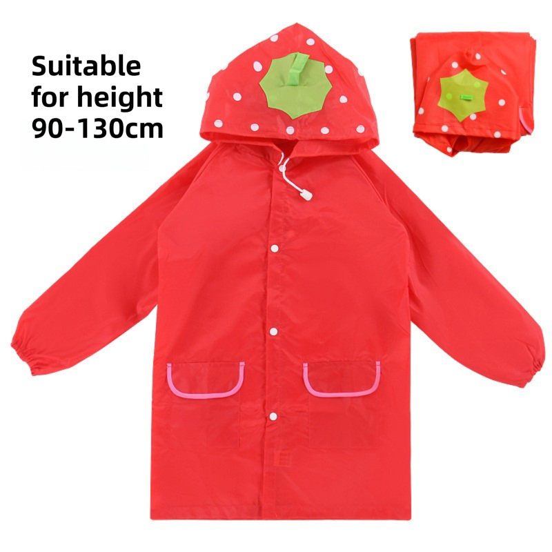 Red Strawberry Kids Cartoon Animal Raincoat - Waterproof Hooded Rain Poncho for Toddlers & Students (90-130CM Height) - Image 1