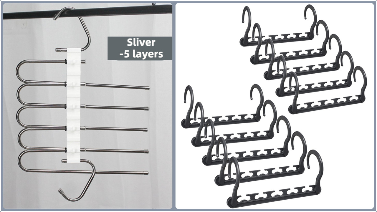 5-Tier Sliver Stainless Steel Pants Rack and 10-Pack Magic Cascading Hangers Set - Space-Saving Closet Organizer Kit - Image 1