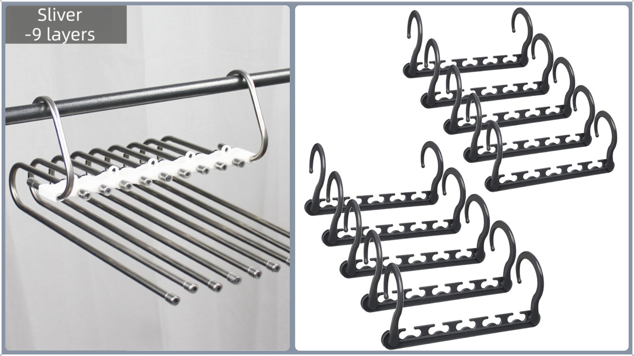 Ultimate Closet Space-Saver Set: 9-Tier Sliver Stainless Steel Retractable Pants Rack & 10-Pack Multi-Port Magic Hangers - Image 1