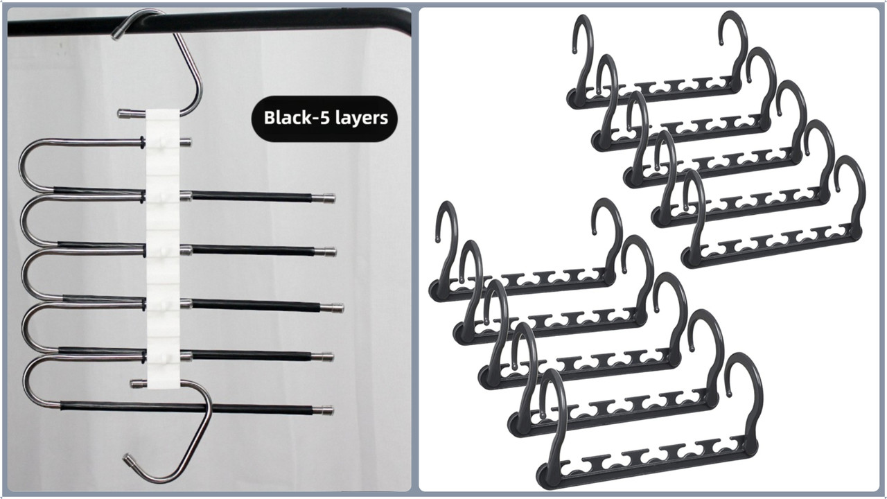 5-Tier Black Stainless Steel Pants Rack and 10-Pack Magic Cascading Hangers Set - Space-Saving Closet Organizer Kit - Image 1