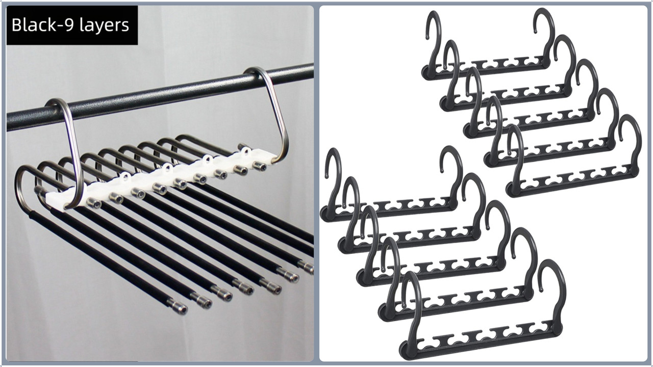 Ultimate Closet Space-Saver Set: 9-Tier Black Stainless Steel Retractable Pants Rack & 10-Pack Multi-Port Magic Hangers - Image 1