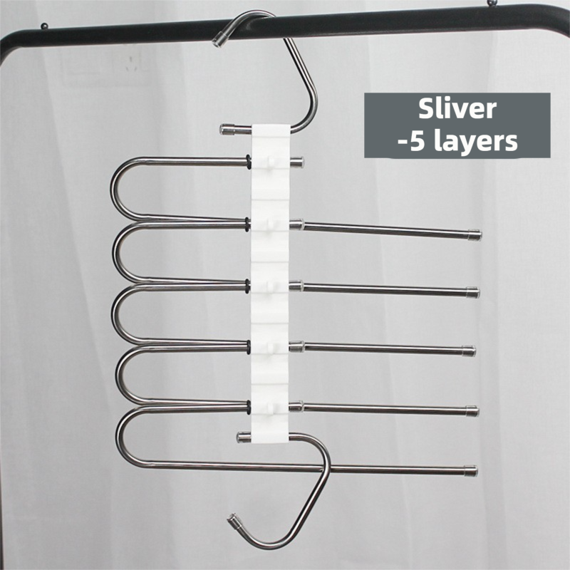5-Layers Sliver Stainless Steel Pants Rack with Horizontal / Vertical Modes and Expandable Pull-Out Rods - High-Load Folding Magic Hanger - Image 1